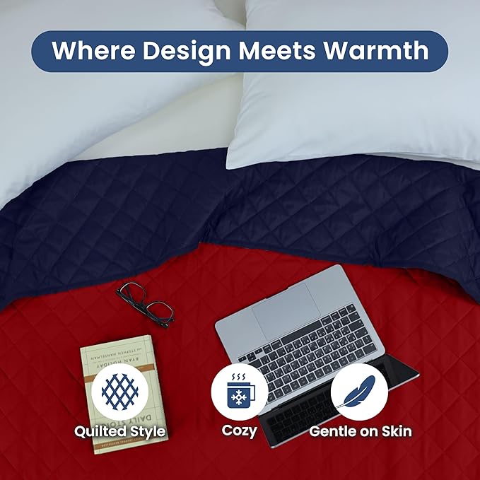 Martex Reversible Coverlet – Twin Bed Quilt – Lightweight Twin Size Bedding – Durable Quilts for Bed – Soft - Easy Care Bedding – Red/Navy