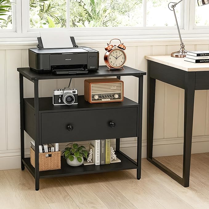 27 Inch Wide Night Stand Set 2 with Charging Station, Wood Nightstand with Open Shelf, Large Drawer Bedside Table for Living Room/Bedroom/Office (Black)