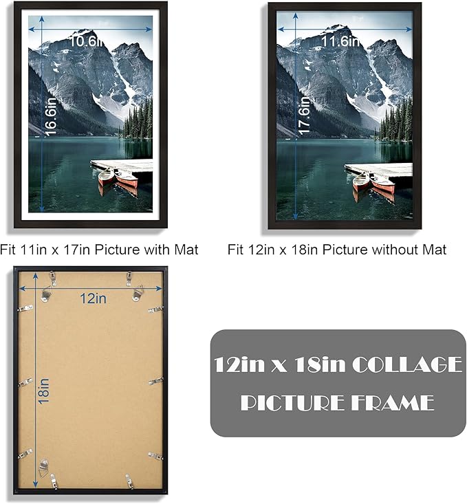 12x18 Frame Set of 3 - Display 11x17 Photo with Mat or 12 x 18 Poster without Mat, Wall Mounting Horizontal and Vertical, Black