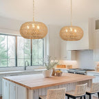 Rattan Farmhouse Chandeliers for Dining Room, 3-Light Boho Chandelier with Wicker Lampshade, Coastal Hanging Ceiling Pendant Light Fixtures for Kitchen Island Bedroom Living Room, E12 Base