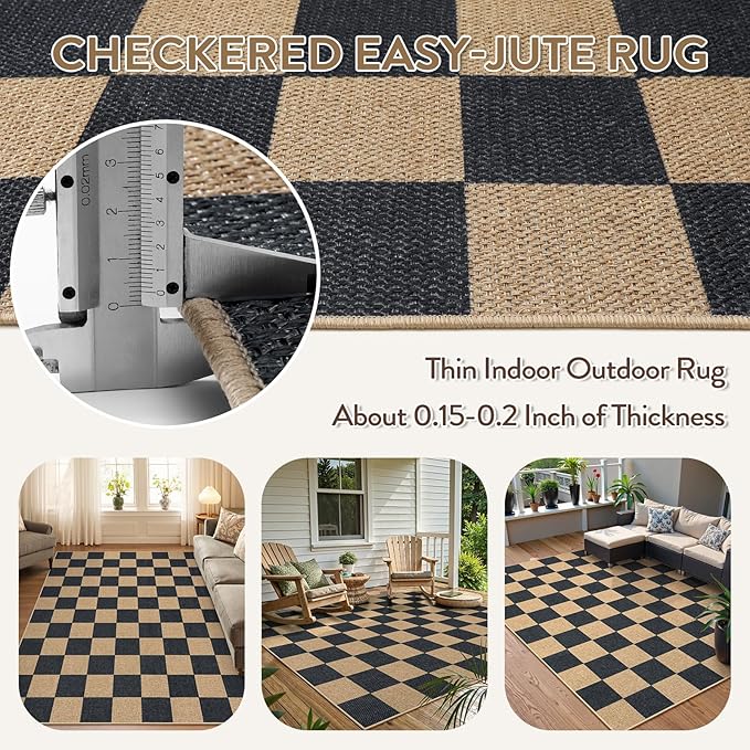 Lahome Checkered Easy Jute Area Rug, 5x7 Outdoor Patio Rug Washable Carpet for Living Room Checkerboard Indoor Outdoor Carpet, Farmhouse Geometric Non Slip Black Mat for Backyard Dining Room