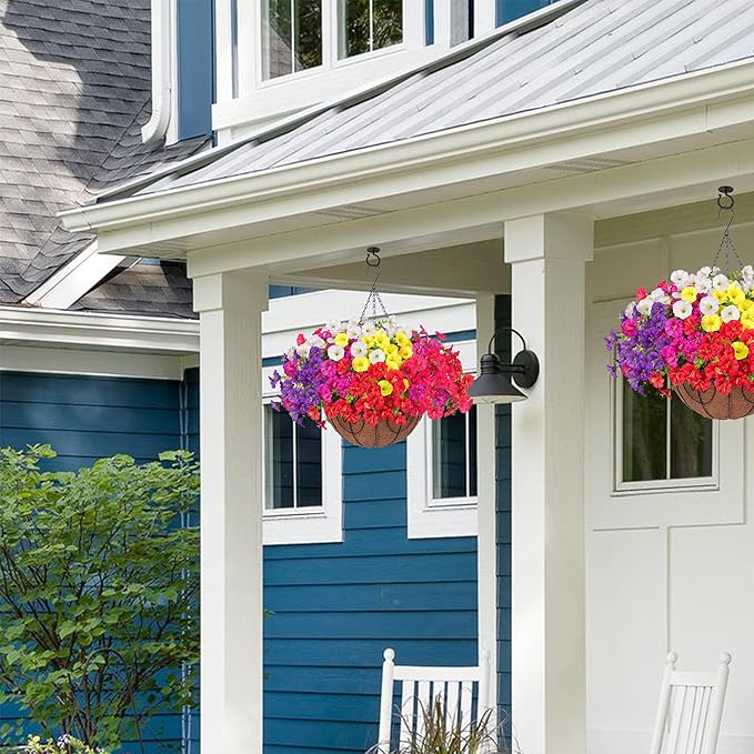 Artificial Faux Hanging Flowers Plants Basket for Outdoors, Silk Morning Glory with Eucalyptus in Planter Look Real UV Resistant Fake Flowers for Porch Outside Patio Balcony Yard Indoor Summer Decor