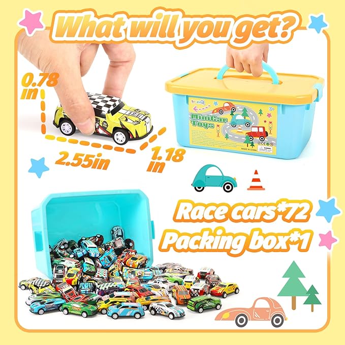 SevenQ Toy Cars Party Favors for Kids, 72Pcs Pull Back Cars Playsets with Storage Box, Mini Toys Race Cars for Kids Goodie Bags Toddler Toys Bulk Prizes Rewards