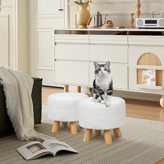 Asense Small Round Ottoman Foot Rest Stool Teddy Velvet Padded Seat Footstool Ottoman with Anti-Slip Wooden Legs (White,Teddy Velvet)