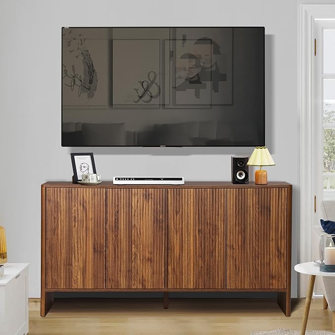 Sideboard Buffets Cabinet, Modern Accent Storage Cabinet with 4 Fluted Doors and Adjustable Shelves, Wood Credenza Buffet Sideboards, Console Table for Kitchen Dining Living Room Entryway (Walnut)
