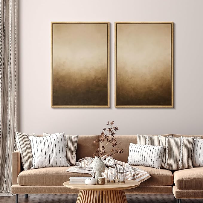 SIGNFORD Framed Canvas Print Wall Art Set Minimalist Gradient Brown Abstract Neutral Illustration Modern Art Decorative Nordic Nature for Living Room, Bedroom, Office - 16"x24"x2 Natural