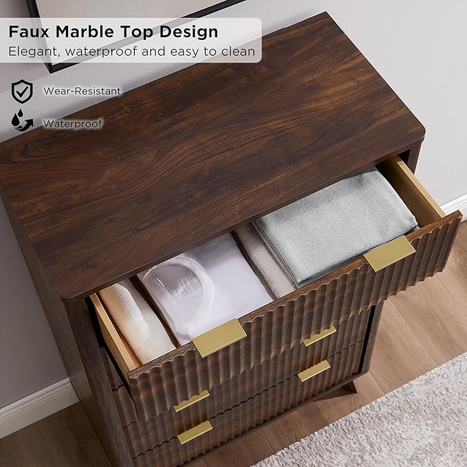 T4TREAM Fluted 5 Drawers Dresser, 48" Tall Modern Chest of Drawers, Curved Profile Design, Wood Drawer Organizer for Bedroom, Living Room, Hallway, Entryway, Dark Walnut