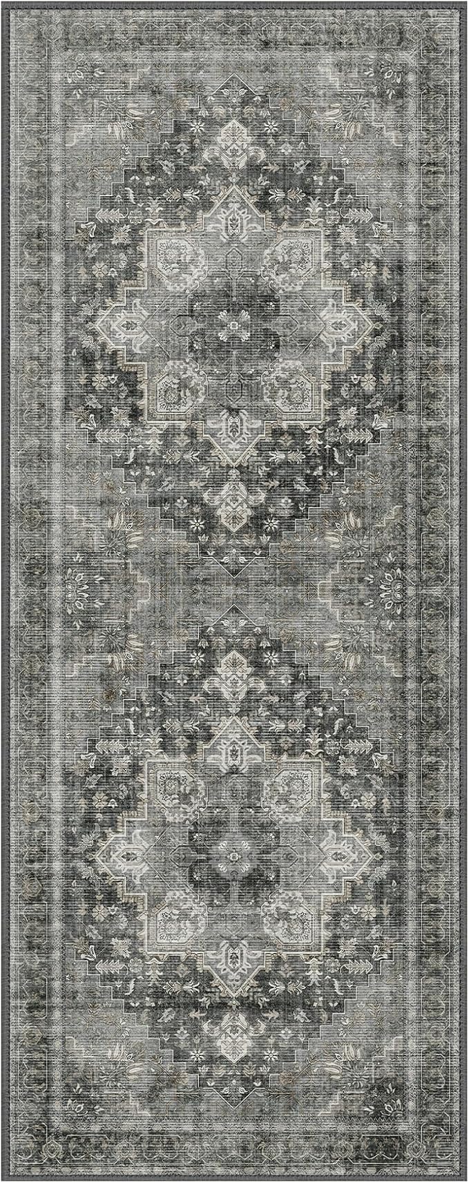 GENIMO 2x7 Runner Rugs for Hallway, Machine Washable Non Slip Vintage Rugs, Low Pile Lightweight Soft Print Rug for enrtyway, Corridor, Home Office, Kitchen, Charcoal Gray
