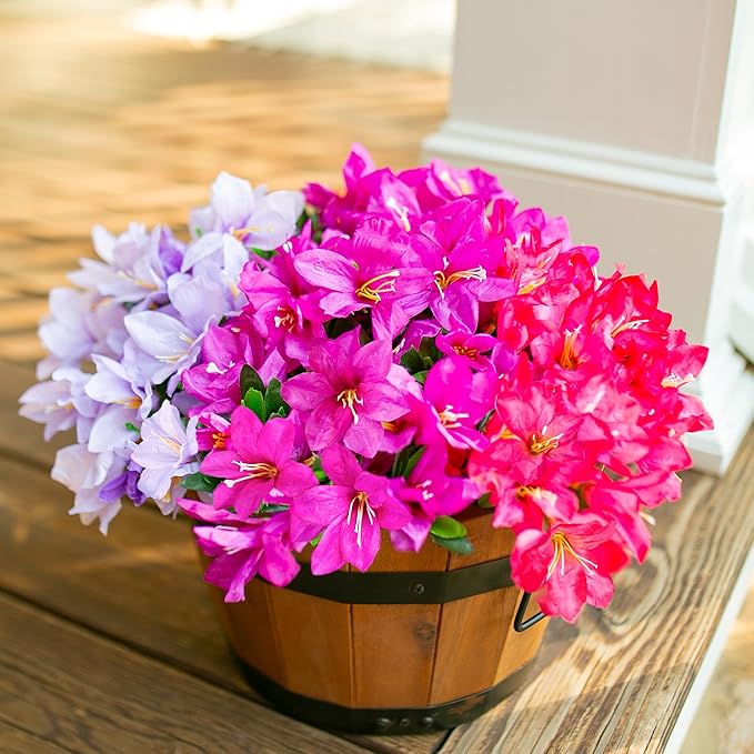 Artificial Flowers for Outdoors, 3 Bundles Fake Silk Azalea Bouquet Faux Flower Plants Outside Decor UV Resistant Realistic Colorful Fake Flowers for Planter Front Door Patio Garden Walkways Home, Mix