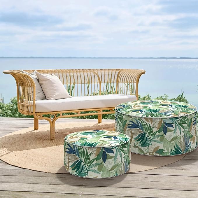 Inflatable Ottoman Stool D31 xH14 for Outdoor/Indoor Use, Water Repellent Patio Foot Rest Stool with Portable Handle,Round Pouf Ottoman Suitable for Garden,Deck and Camping - Lush Leaf Green