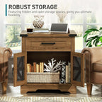 Walnut Farmhouse End Table with Charging Station, 24" Large Sofa Side Table with Drawer, Large End Table for Living Room, Wooden Nightstand with Outlet, Square, Walnut