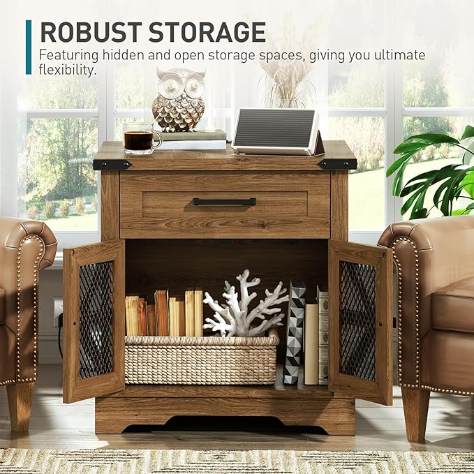 Farmhouse End Table Set of 2, 24" Large Sofa Side Table with Drawer, Large End Table for Living Room, Wooden Nightstand with Charging Station, Square, Walnut