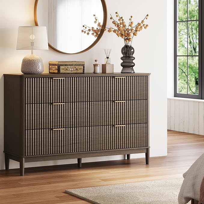 LINSY HOME Fluted Dresser for Bedroom with 6 Drawers, 54" Wide Mid Century Modern Dressers, Tall Boho Chest of Drawer, Large Wood Accent Storage Cabinet for Living Room, Curved Profile Design, Walnut