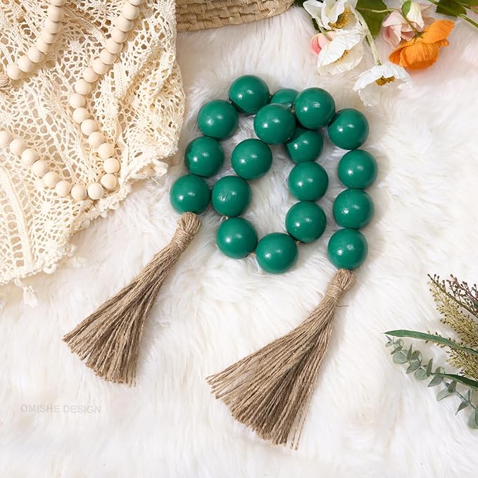 OMISHE Extra Large Wood Bead Garland Green with 1.6" Diameter Wooden Beads and Tassels, 41" Long Rustic Farmhouse Country Decorative Beads for Home Tiered Tray Decor, Green