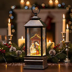 10'' Musical Snow Globe Lantern Lighted Nativity Manger Scene Water Lantern Swirling Glittering Home Decoration and Gift, Battery Operated or USB Powered