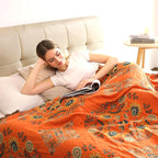 Boho Large Throw Blanket, 100% Organic Cotton Breathable Soft Bed Throw - Floral Farmhouse Decor Blanket for Sofa Couch Chair and Gift. 91" x 98"- Orange