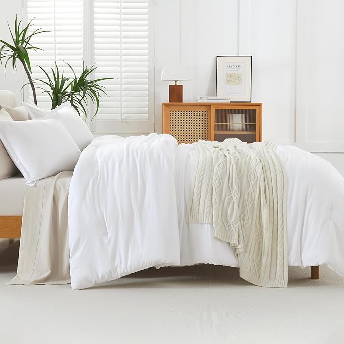 Litanika White Oversized King Comforters Super King Size, 3 Pieces Lightweight Solid Bedding Comforter Set, All Season Fluffy Bed Set (120x120In Comforter & 2 Pillowcases)