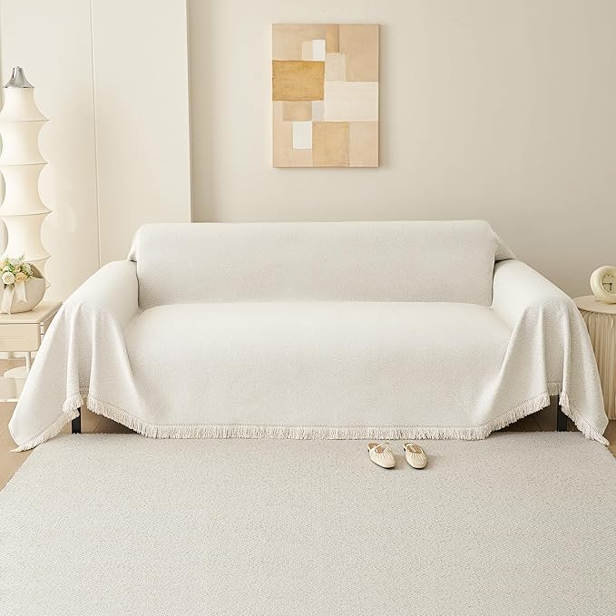 Boho Washable Sofa Cover, Water and Stain Resistant Couch Cover for 2 Cushion Sofa, Solid Beige Pet-Friendly Sofa Slipcover, Super Stretch Recliner Cover Living Room Decor, 71"x118"