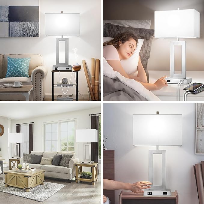 Modern Silver Table Lamps Set of 2, 28inch Tall Lamps for Living Room Bedroom with 2 USB Ports&AC Outlet, 3 Way Dimmable Touch Control Desk Lamps for Reading Home Office, 2 Bulbs Included