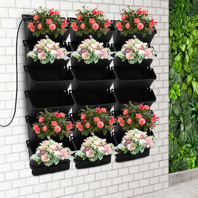 Self-Watering Wall-Mounted Planter, Vertical Garden Planter Set with 18 Pots, Stackable Plant Grow Pots with Electronic Timer for Growing Veggies, Fruits, Herbs, Flowers.