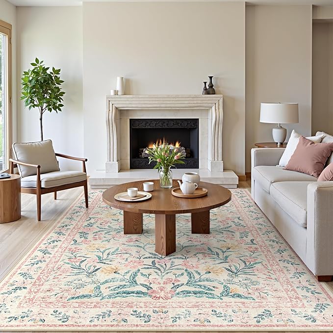 Wonnitar Floral Large Rugs for Living Room, Soft Light Pink Rug Washable 9x12 Carpet Non Slip, Boho Foldable Non-Shedding Kids Carpet for Bedroom Girls Nursery Dorm Playroom