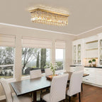 Siljoy Modern Crystal Chandelier 6-Lights Rectangle Flush Mount Pendant Ceiling Light Fixture Luxury Gold Rectangular K9 Crystal Raindrop Chandelier for Dining Living Room Kitchen Island Bar L31.5''