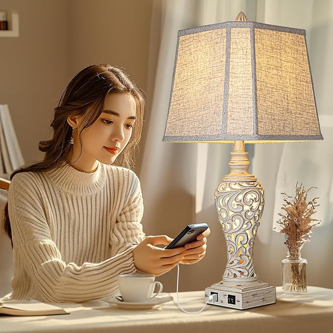 28.5" Table Lamps Set of 2 - Bedside Lamp with Fabric Shades - for Bedroom and Living Room with USB and Nightlight - Perfect for Nightstands and Bedrooms