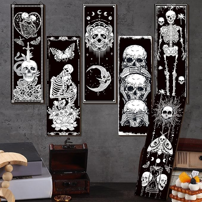 Sintuff 6 Pieces Black Gothic Wall Decor Skull Wall Art Boho Sun Moon Phases Snake Gothic Hanging Wooden Minimalist Skeleton Art Prints Vintage Pediments for Room Living Bedroom Bathroom