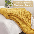 Chunky Knit Throw Blanket, 40''*50'' Knitted Throw Chenille Yarn for Bed Couch, Handmade Yellow Crochet Big Thick Blanket, Machine Washable Cute Comfy Blanket for Home Decor