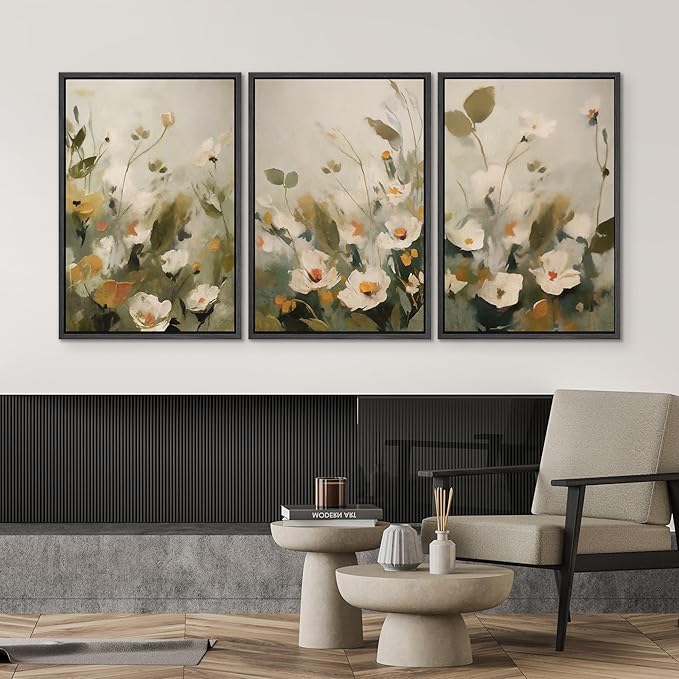 SIGNWIN Framed Canvas Print Wall Art Botanical Floral White Blossoms and Greenery Photography Modern Art Minimalist Black and White for Living Room, Bedroom, Office - 16"x24"x3 Black