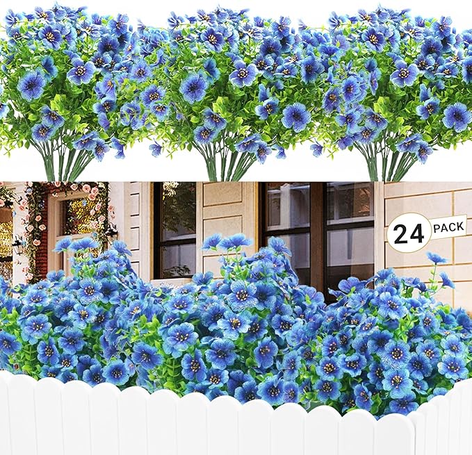 24 Bundles Artificial Flowers for Outdoors & Indoors – UV Resistant Faux Plastic Plants for Garden, Patio, Porch, Window Box, Home Decor – Lush & Vibrant Fake Flowers, Blue