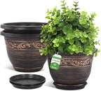 Plastic-Plant-Flower-Planters-16 Inch with Drainage Hole & Saucer, 3 Packs Lightweight Small Resin Flower Pot Indoor Outdoor, Retro Antique Imitation Decorative Garden Containers Sets for Houseplants