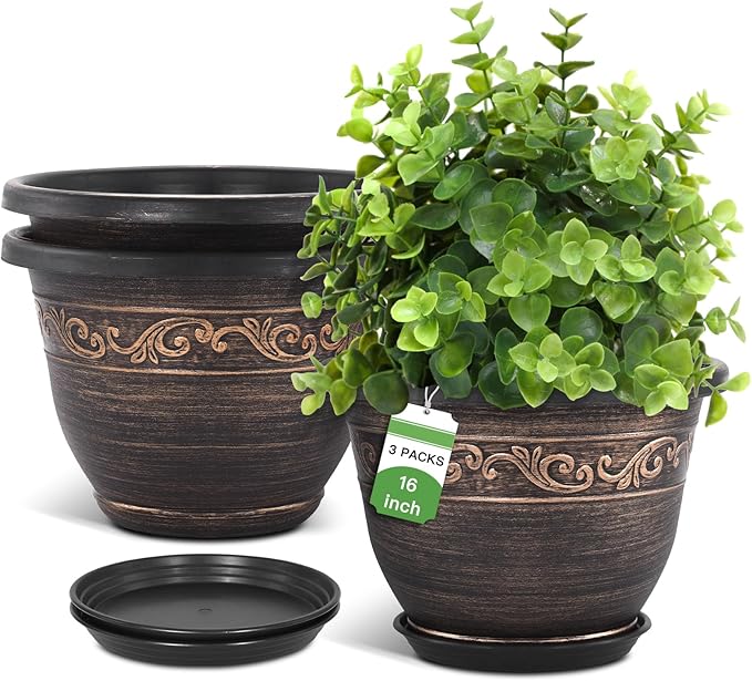 Plastic-Plant-Flower-Planters-16 Inch with Drainage Hole & Saucer, 3 Packs Lightweight Small Resin Flower Pot Indoor Outdoor, Retro Antique Imitation Decorative Garden Containers Sets for Houseplants