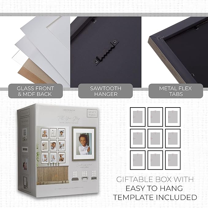 Sheffield Home 9 Piece Gallery Wall Frame Set, 11x14 Inch, Natural