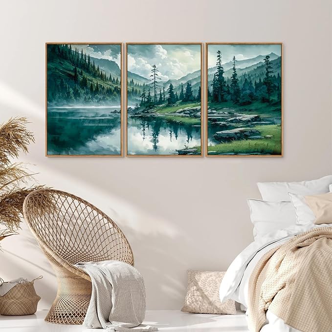 Tinonedraw Large Nature Forest Framed Canvas Wall Art Set, Boho Mountains Calming Lake Wall Decor, Green Pine Trees Artwork, Northern Wilderness Art Painting for Living Room Bedroom Office 24"x36"x3
