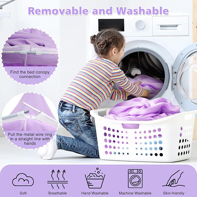 Bed Canopy with Star Lights, Double Layer Bed Canopy for Girls, Princess Canopy Bed Curtain for Twin Bed, Breathable Kids Dreamy Play Tent Castle Reading Nook, Machine Washable, 26''x125'' - Pruple