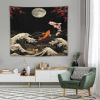 Houselerax Koi Fish Tapestry, Japanese Style Yin Yang Big Wave Cherry Blossom Tapestries Wall Hanging for Bedroom Living Room Office Decor 60"x50"
