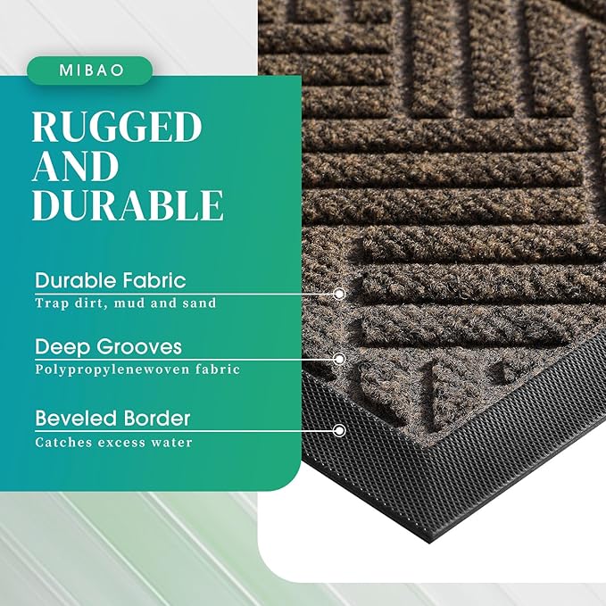 Mibao Front Door Mat Outside Entrance, Durable Outdoor Indoor Mat, Low Profile Heavy Duty Doormat, Non-Slip, Traps Dirt and Moisture, Easy Clean Patio Porch Entryway Mat, 29.5" x 17", Brown