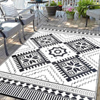 Waterproof Outdoor Rug 8x10ft, Boho Reversible Plastic Straw Mat for Patio RV Deck Porch Backyard Balcony Camping Picnic Beach Indoor Outdoor Carpet, Black&White
