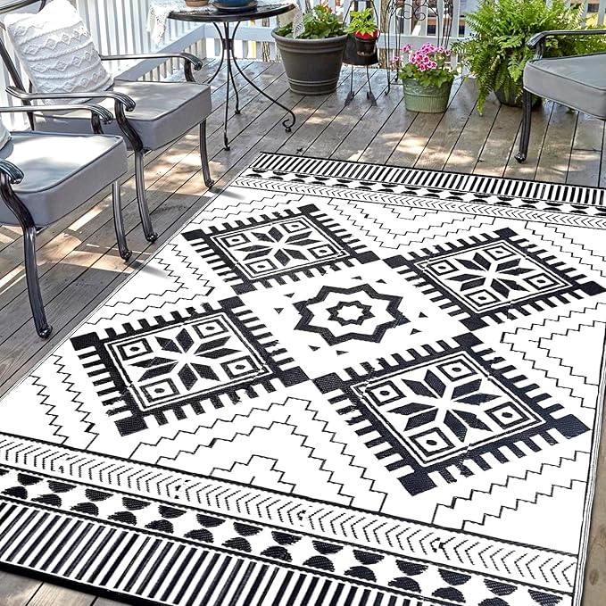 Waterproof Outdoor Rug 8x10ft, Boho Reversible Plastic Straw Mat for Patio RV Deck Porch Backyard Balcony Camping Picnic Beach Indoor Outdoor Carpet, Black&White