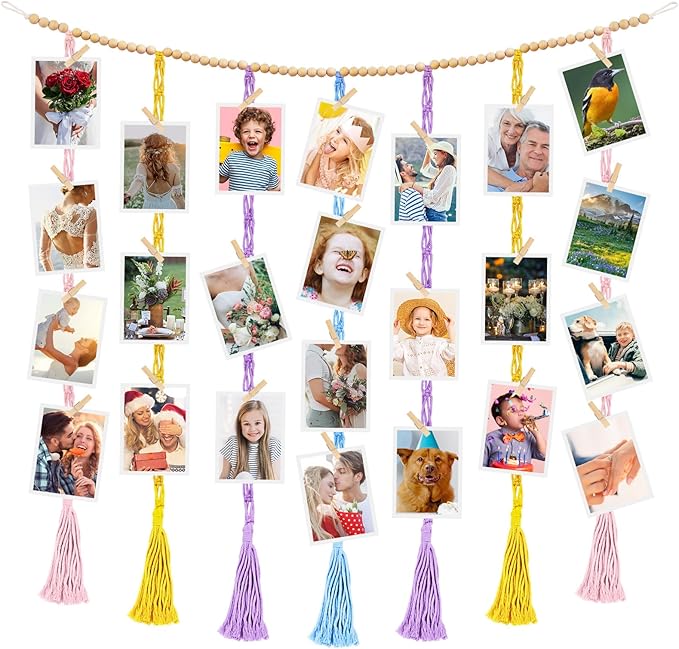 Boho Macrame Hanging Photo Display Wall Decor With 45 Clips Frame Collage Board With Wooden Beads For Bedroom Classroom Nursery Gifts For Teenage Girls