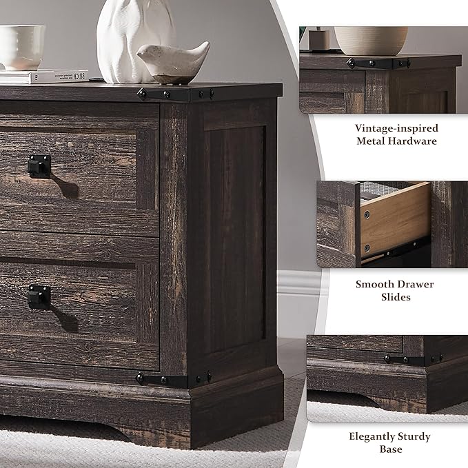 T4TREAM 24" Farmhouse Nightstand with Charging Station Set of 2, Large End Table with 2 Storage Drawers, Rustic Wood Sofa Bedside Table for Bedroom, Dark Rustic Oak