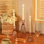 Vertical Stripe Candlestick Holders Set of 3, Premium Glass Candle Holders for Candlesticks and Taper Candles, Vintage Candle Holder Decor for Table Centerpiece, Pink