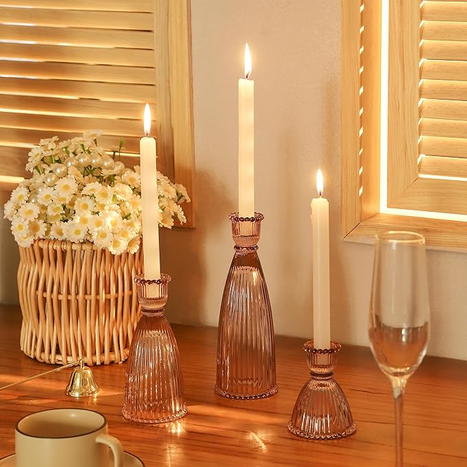 Vertical Stripe Candlestick Holders Set of 3, Premium Glass Candle Holders for Candlesticks and Taper Candles, Vintage Candle Holder Decor for Table Centerpiece, Pink