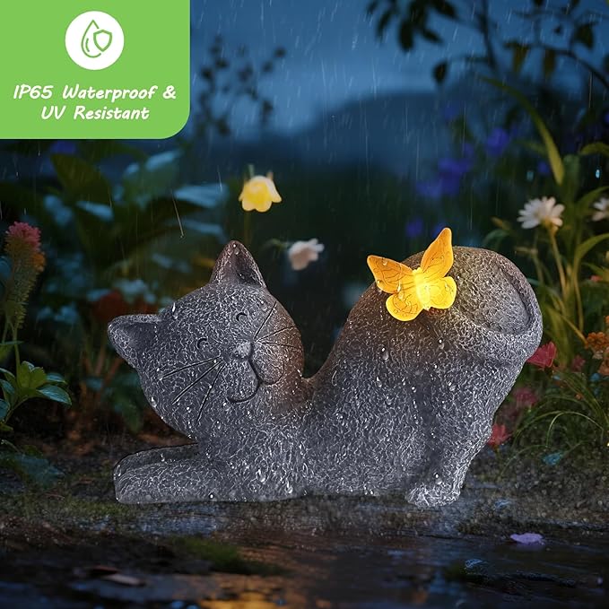 Solar Cat Garden Statue with Glowing Butterfly, Outdoor Resin Cat Figurine with Solar Light, Waterproof Yard Decor for Patio, Lawn, Porch, and Unique Garden Gifts for Cats Lovers
