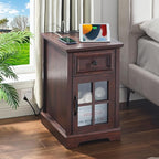 Farmhouse XXL End Table with Charging Station, Side Table with USB Ports and Outlets, Nightstand with Drawer and Glass Door Storage, Cherry Bedside Tables for Living Room, Bedroom, Office