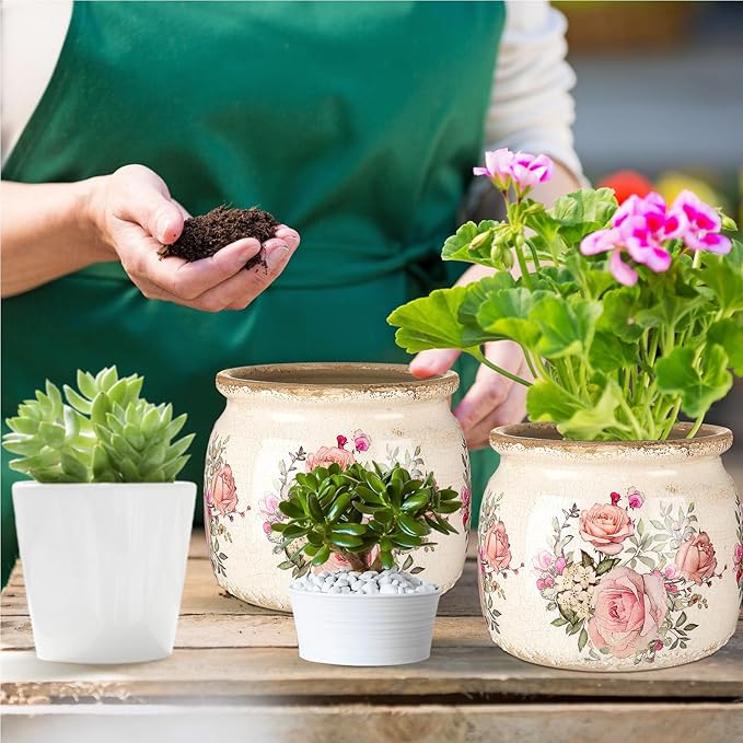 Vintage Planter Large Ceramic Plants Pot Beige Pink European Rose Ice Crack Cottage Scroll Vase Flower Vase Pot Indoor Plants Home Kitchen Decor Farmhouse Antique Decorative Gifts