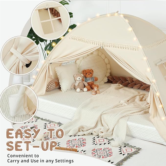 Toddler Canopy Lights & Flags Indoor Floor Bed Kids Tent Playhouse Portable & Foldable Twin Bunk Bed Curtains Girls & Boys House Bedroom Privacy Space Sleeping Tents Gifts Golden Beige Large Size