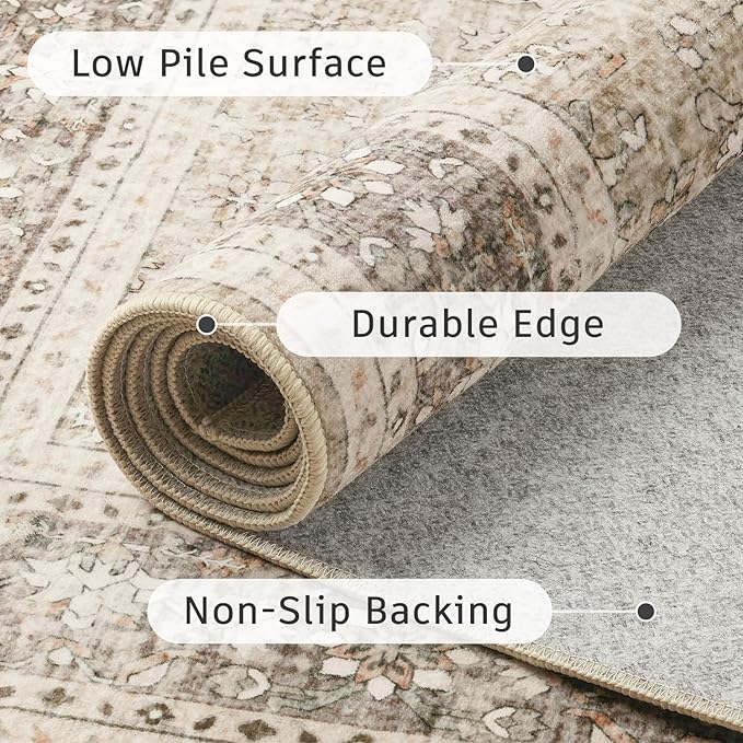 DCX Machine Washable Brown and Beige Area Rug 8x10, Non Slip Stain Resistant Vintage Rug for Living Room Diningroom Bedroom Nursery, Soft Low Pile Large Carpet