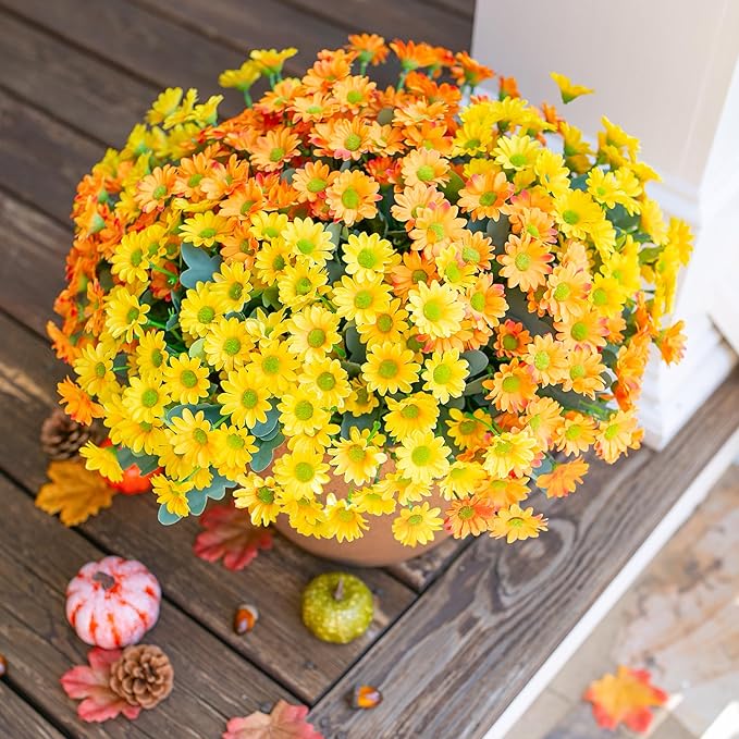 Daisy Artificial Flowers for Outdoors Summer Fall Decoration, 6 Bundles Fake Mums Silk Flowers for Outside Look Real UV Resistant Fake Plants Faux Flowers for Planter Front Door Home Indoor Porch, Mix